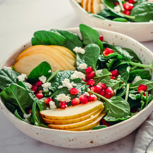 Pear & Spinach Salad with Pomegranate Balsamic & Lemon EVOO Dressing-The Little Shop of Olive Oils