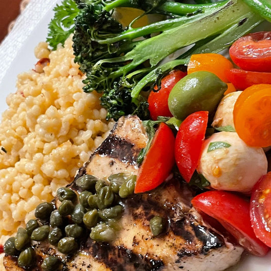 Grilled Balsamic Swordfish with Capers & Mediterranean Sides at The Little Shop of Olive Oils