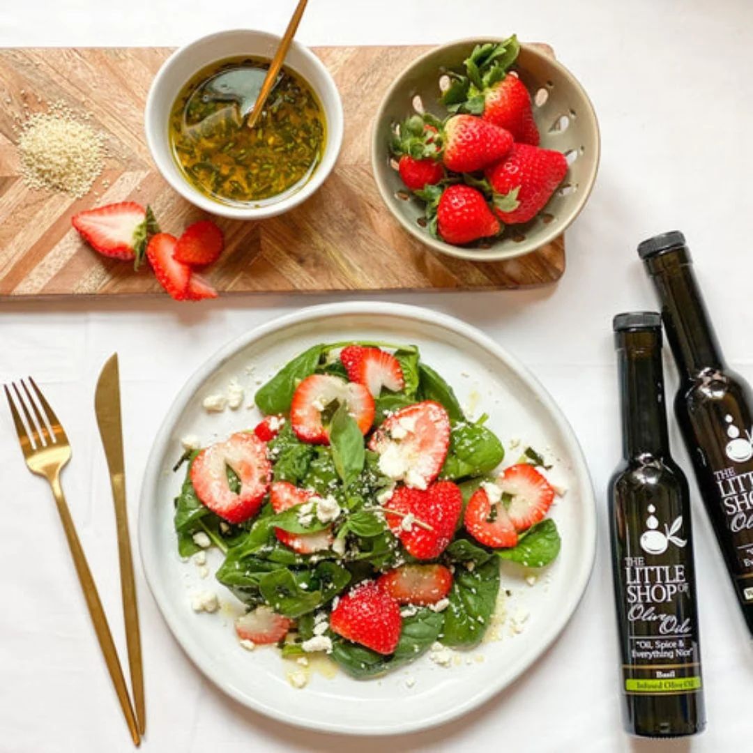 Strawberry Spinach Salad with Basil & Pomegranate-Quince Dressing at The Little Shop of Olive Oils