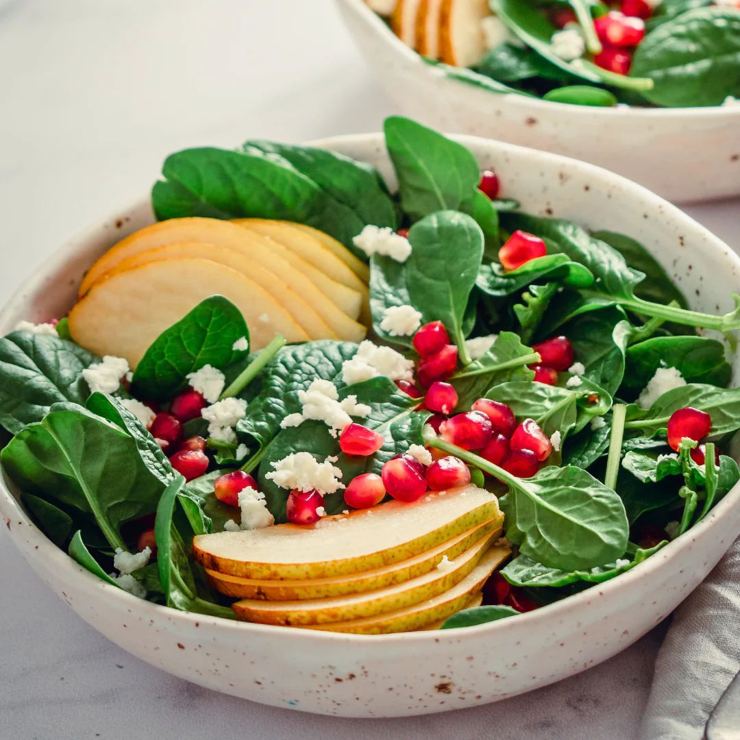 Pear & Spinach Salad with Pomegranate Balsamic Dressing at The Little Shop of Olive Oils