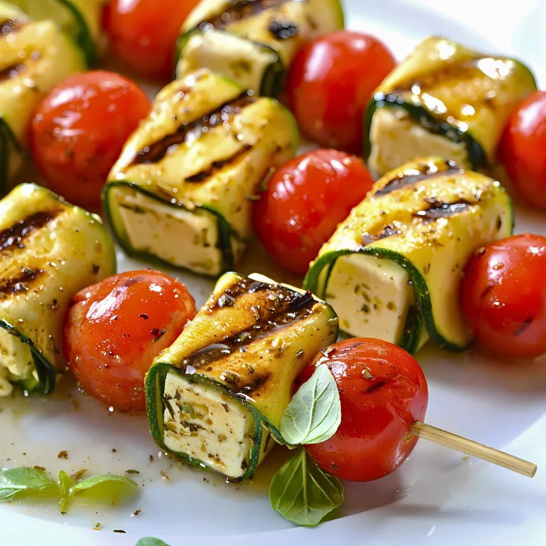 Zucchini Wrapped Feta Skewers with Basil Olive Oil at The Little Shop of Olive Oils