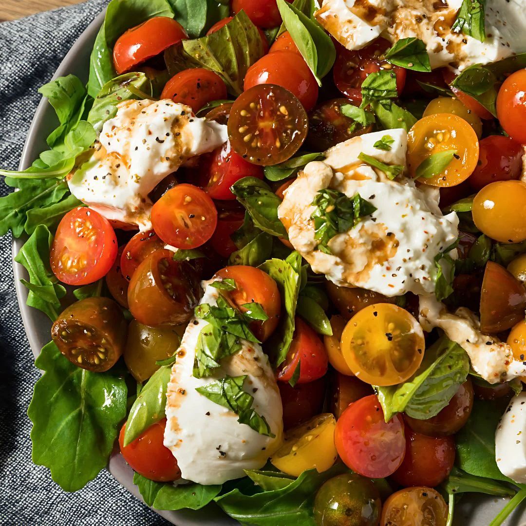 Tomato Basil & Burrata Salad with Lemon Oregano Drizzle at The Little Shop of Olive Oils