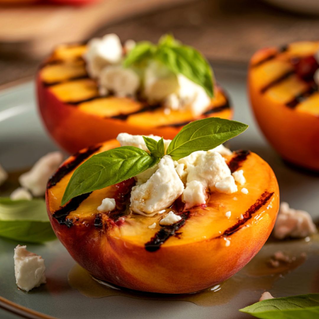 Grilled Peaches with Feta, Basil Olive Oil & Peach White Balsamic Glaze Recipe at The Little Shop of Olive Oils