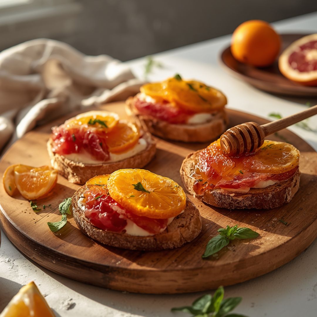 Citrus & Honey Burrata Toasts with Lemon Olive Oil Recipe at The Little Shop of Olive Oils