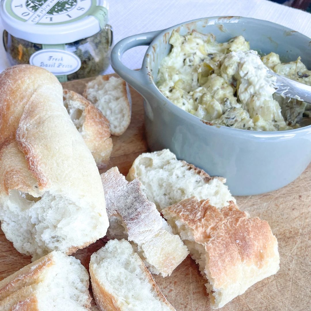 Cheesy Artichoke Dip made with Fresh Basil Pesto from The Little Shop of Olive Oils