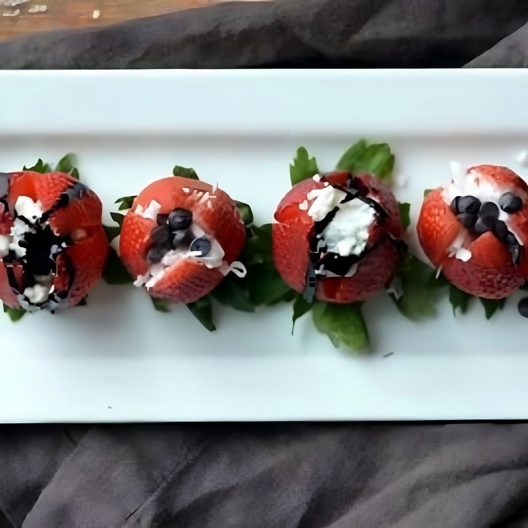 Mascarpone-stuffed strawberries with Dark Chocolate Aged Balsamic Vinegar from The Little Shop of Olive Oils