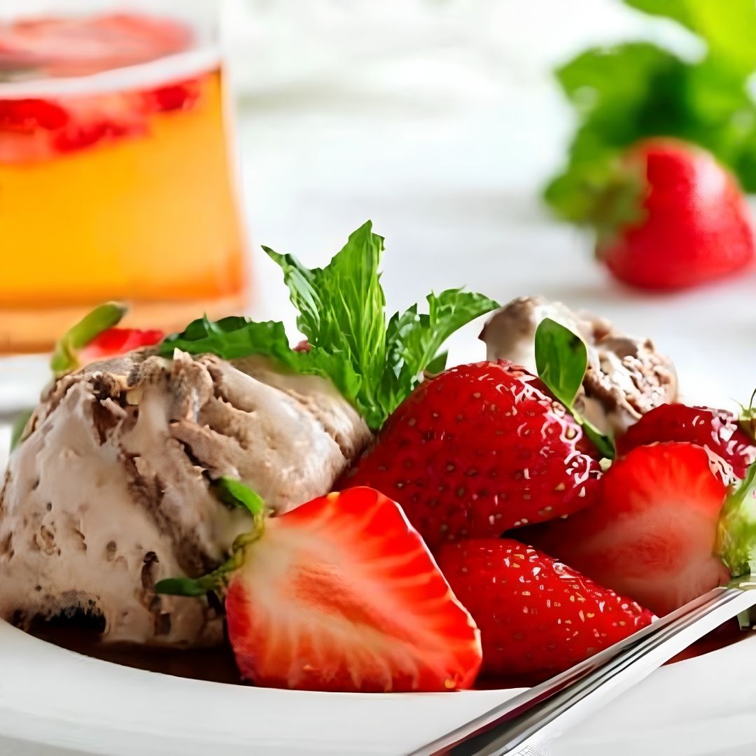 Sorbet with a Chocolate Drizzle made with Dark Chocolate Aged Balsamic Vinegar from The Little Shop of Olive Oils