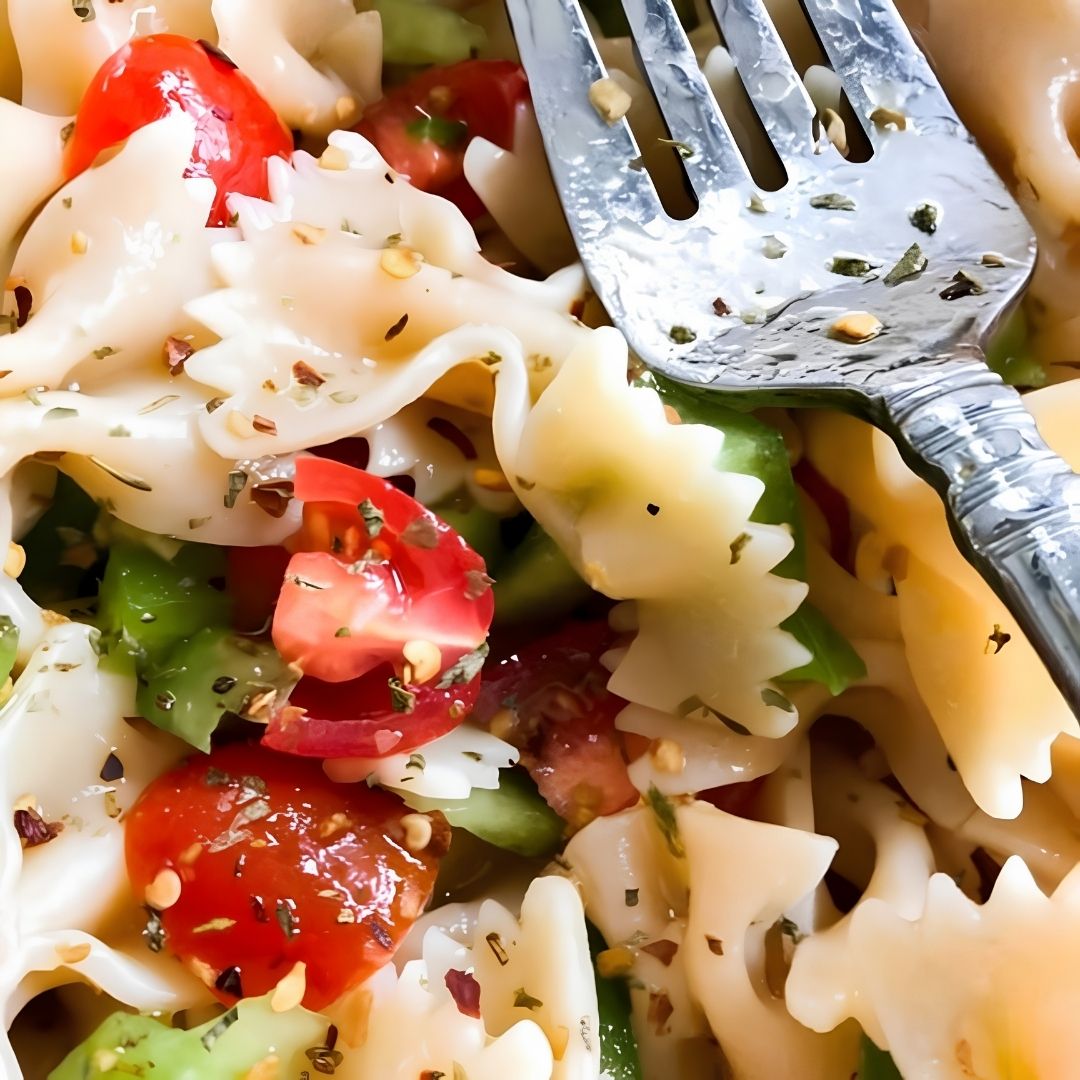 Picnic Pasta Salad made with Basil Premium Olive Oil and Neapolitan Herb Dark Balsamic Vinegar from The Little Shop of Olive Oils