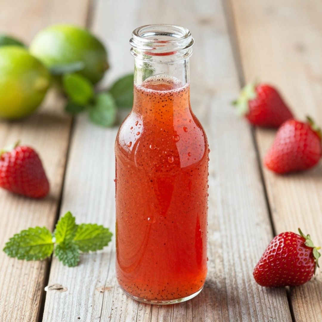 Strawberry Lime Poppyseed Vinaigrette made with Premium Extra Virgin Olive Oil and Franklin Raw Honey from The Little Shop of Olive Oils