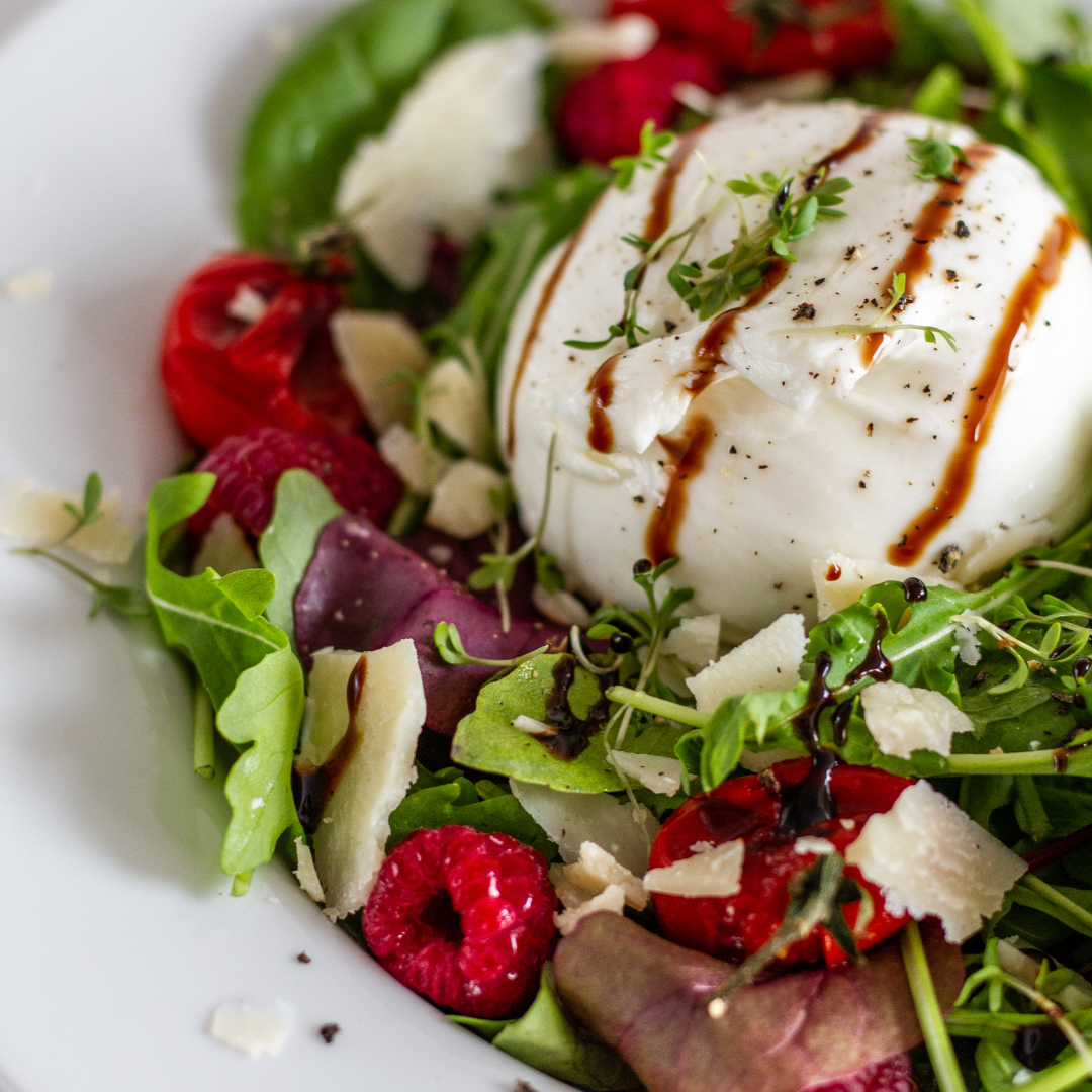 Burrata Salad with Lemon EVOO & Pomegranate Balsamic Drizzle-The Little Shop of Olive Oils
