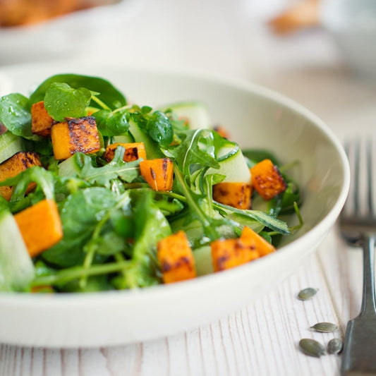 This easy roasted butternut squash salad is one of my family’s favorites! It’s made with sweet roasted squash and arugula.
