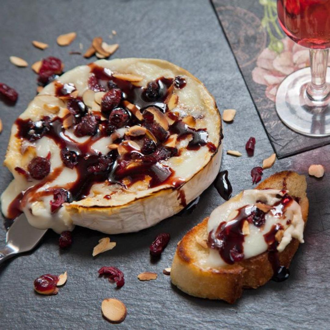 Cranberry Almond Baked Brie with Pomegranate Balsamic
