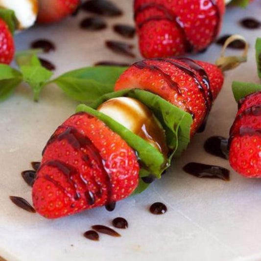 Strawberry Caprese Skewers with Aged Strawberry Balsamic Drizzle at The Little Shop of Olive Oils