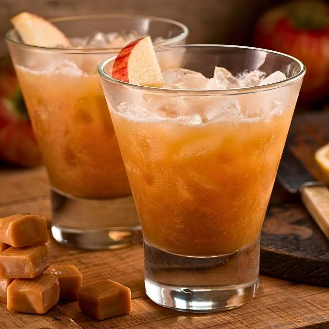 A glass of caramel apple cider cocktail over ice, garnished with a fresh apple slice and a cinnamon-sugar rim, sitting next to caramel candies.