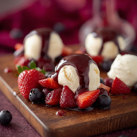Chocolate Balsamic Reduction Over Vanilla Ice Cream and Fresh Berries