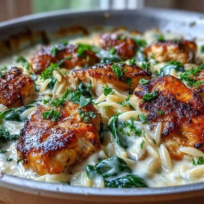Creamy Garlic Parmesan Chicken Orzo with Spinach Recipe at The Little Shop of Olive Oils