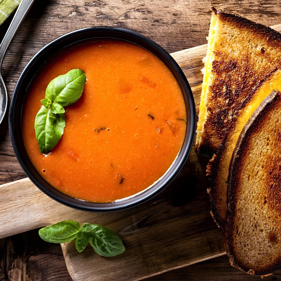 Rustic Tomato Basil Soup with Golden Olive Oil Grilled Cheese