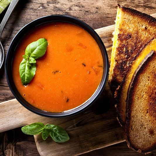 Rustic Tomato Basil Soup with Golden Olive Oil Grilled Cheese