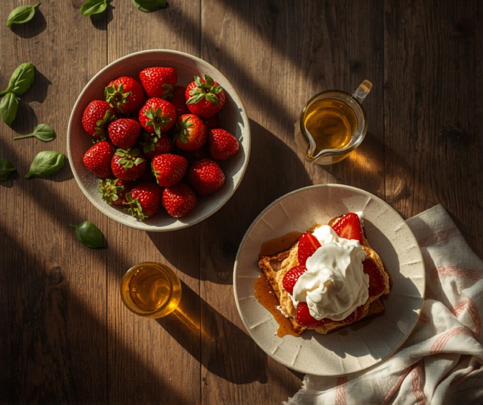 Fresh Strawberry Shortcake with Basil Olive Oil and Sweet Balsamic Drizzle