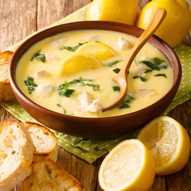 A wooden bowl filled with creamy yellow soup, garnished with chopped green herbs and lemon slices, set on a rustic wooden table with bread and whole lemons around it.