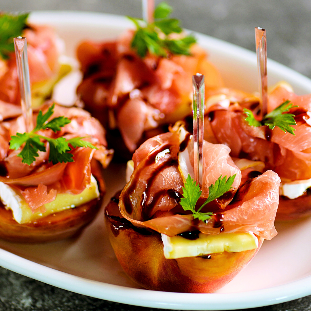 Grilled Peaches Prosciutto & Brie with Strawberry Balsamic Drizzle-The Little Shop of Olive Oils