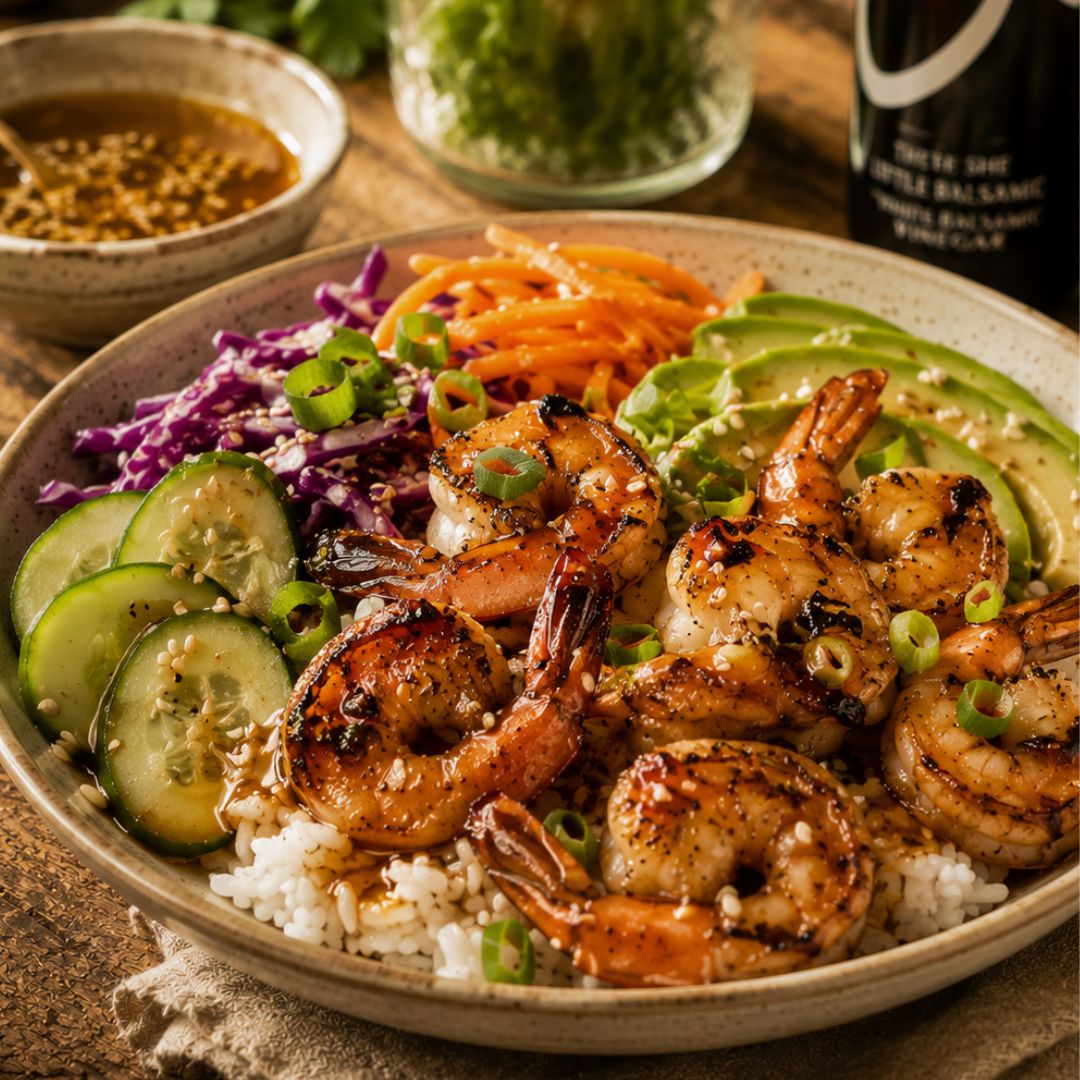 Grilled Shrimp Rice Bowls with Honey Ginger Dressing Recipe at The Little Shop of Olive Oils