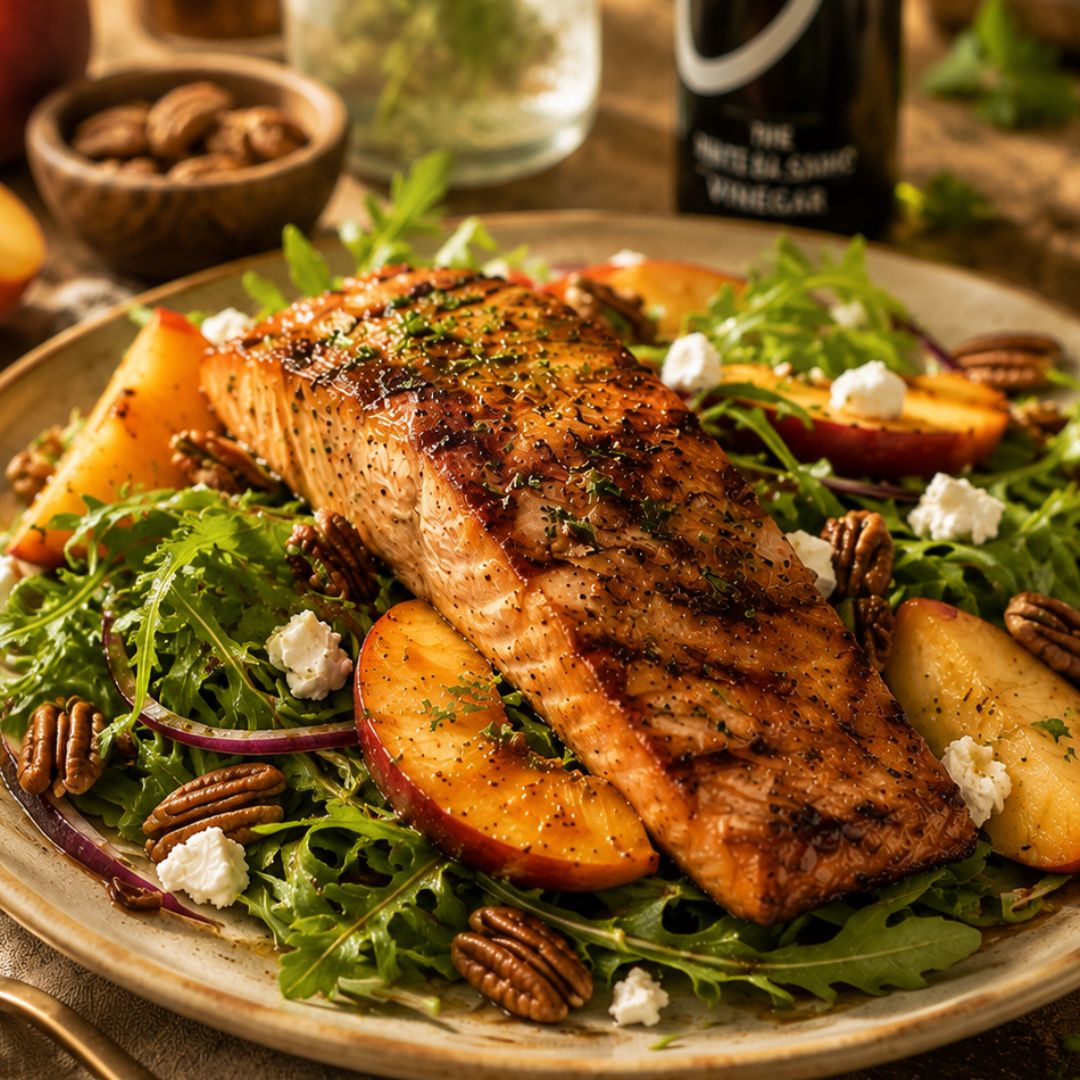 Honey Ginger Garlic Grilled Salmon with Peach & Arugula Salad Recipe at The Little Shop of Olive Oils