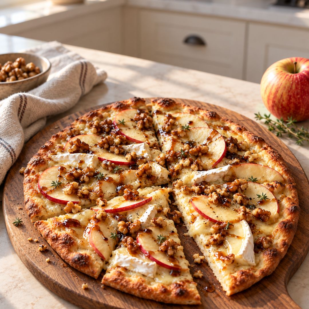 Apple and Brie flatbread topped with chopped walnuts, fresh thyme, and balsamic drizzle, sliced on a wooden serving board.