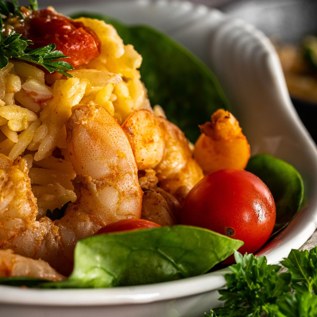 One-Pan Shrimp, Corn & Tomato Orzo with Garlic Olive Oil
