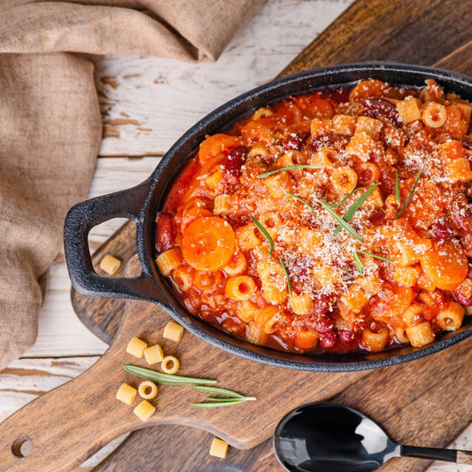Pasta e Fagioli is a hearty and delicious stew-like soup that’s filled with pasta, beans, and Italian sausage. It's loaded with so much flavor, lots of veggies, and pairs great with crusty bread!