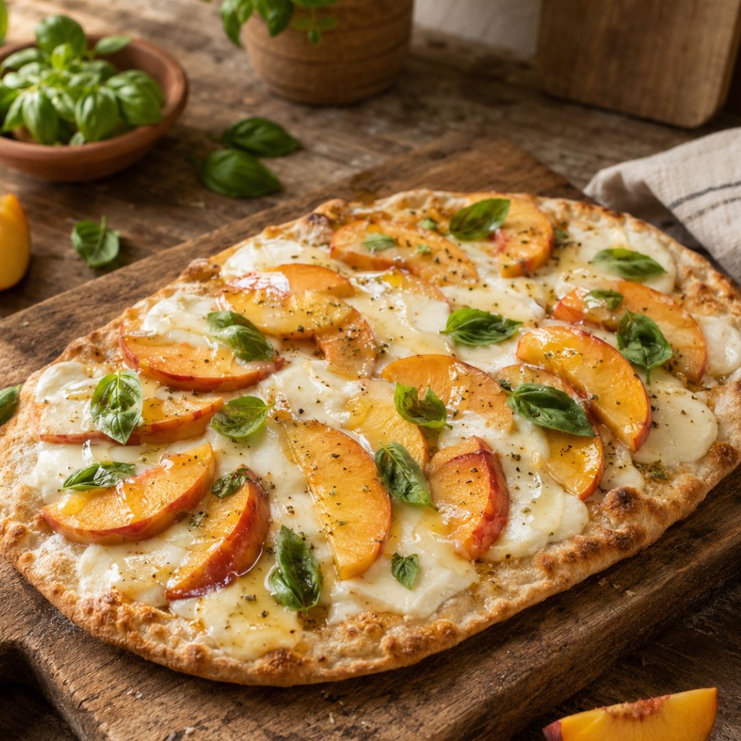 Peach Caprese Flatbread with Basil Olive Oil and Peach White Balsamic Recipe at The Little Shop of Olive Oils