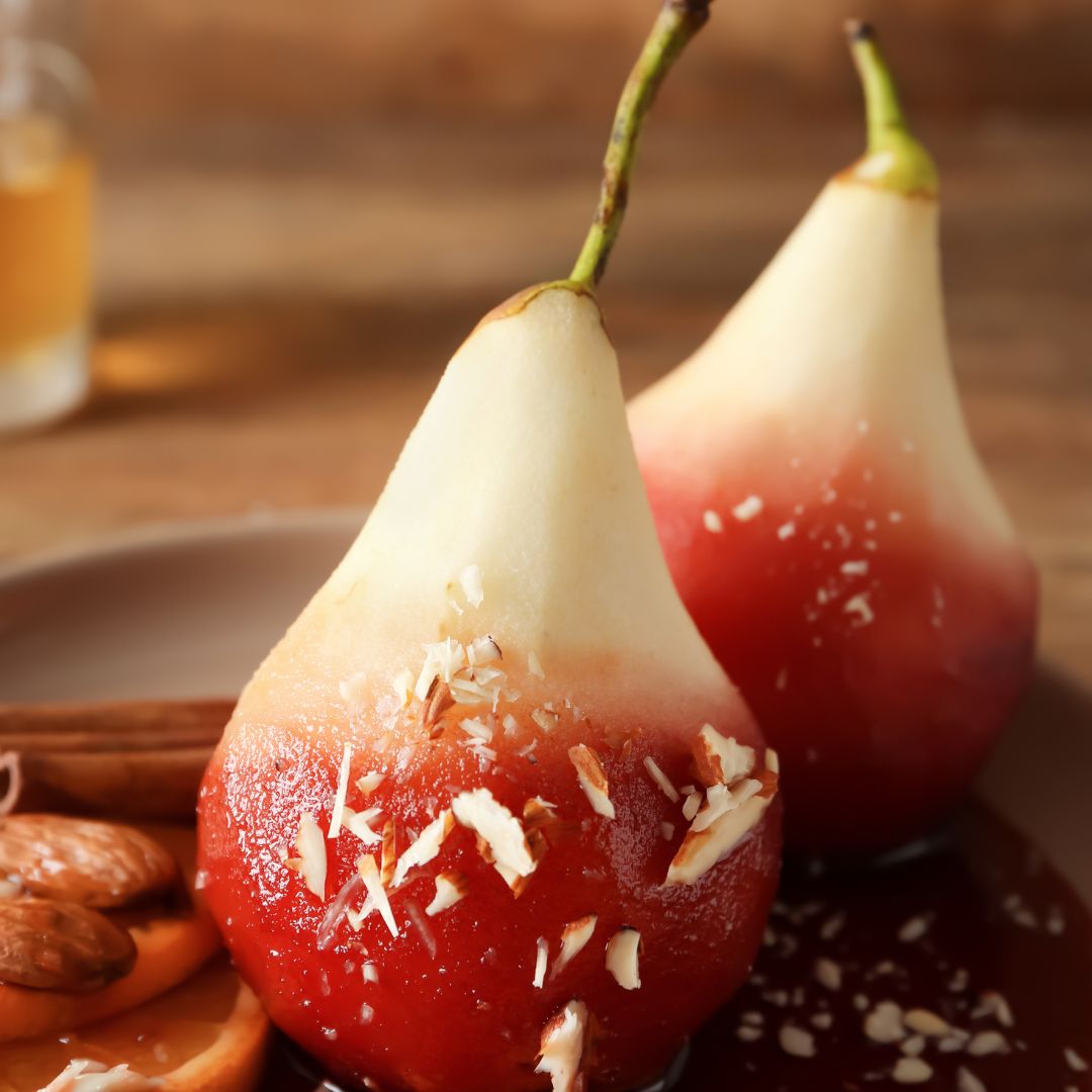 Poached Pears in Red Wine with Orange Slices Recipe at The Little Shop of Olive Oils in Franklin MA