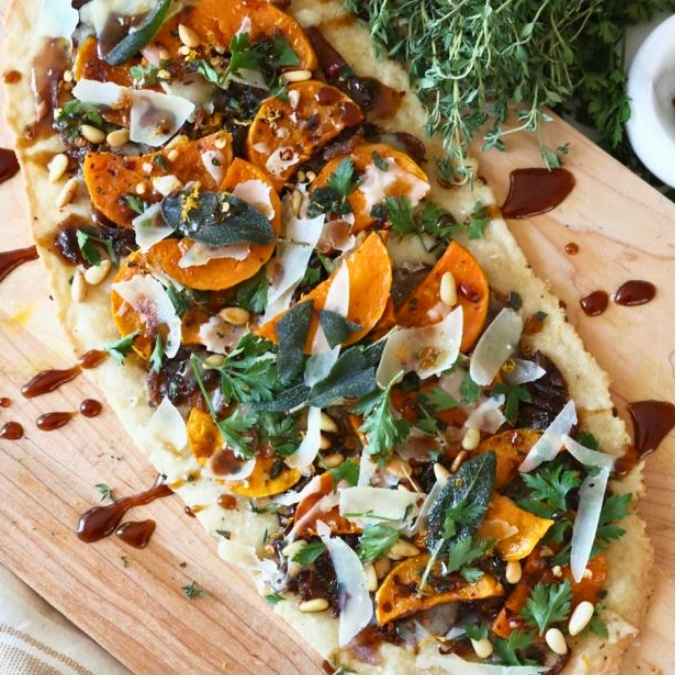 Roasted Butternut Squash & Caramelized Onion Flatbread with Mission Fig Balsamic Recipe at The Little Shop of Olive Oils