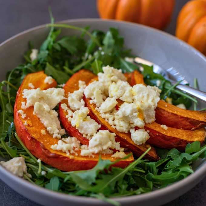 Roasted Pumpkin & Arugula Salad with Feta and Cinnamon Pear Balsamic Recipe at The Little Shop of Olive Oils