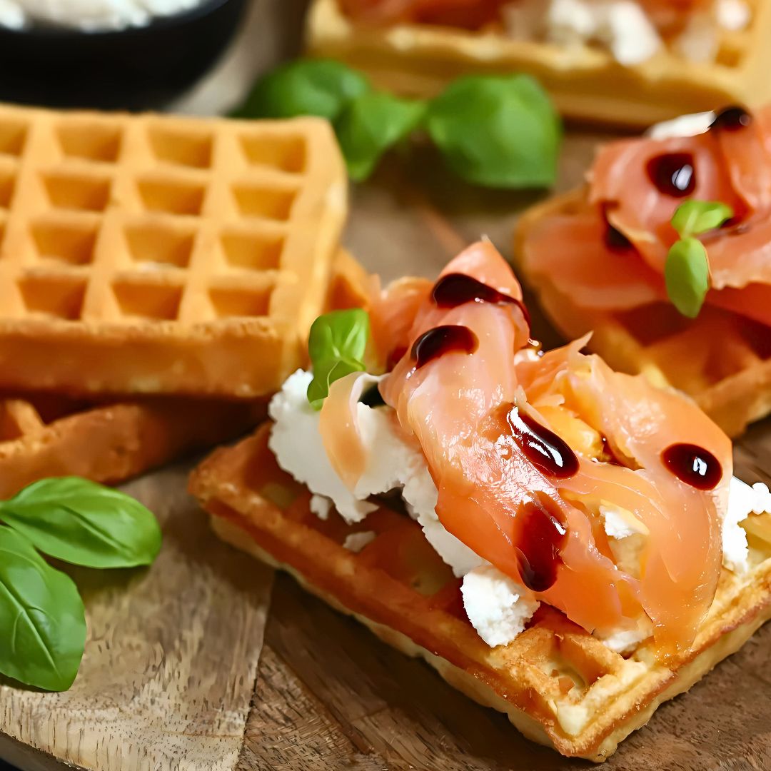 Smoked Salmon Waffle Bites with Balsamic Glaze at The Little Shop of Olive Oils