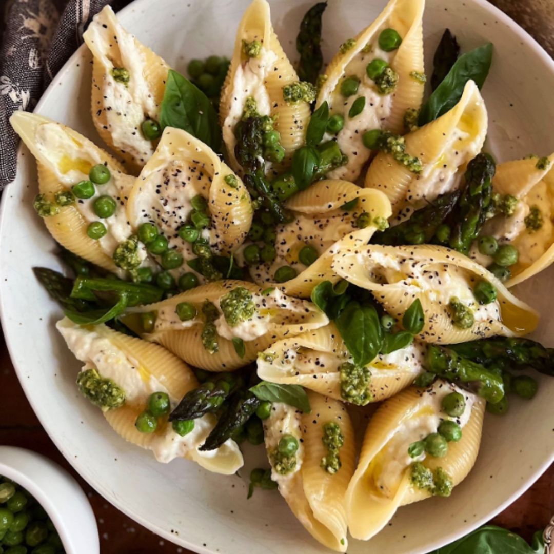 Lemony Ricotta Stuffed Shells with Peas & Asparagus-The Little Shop of Olive Oils