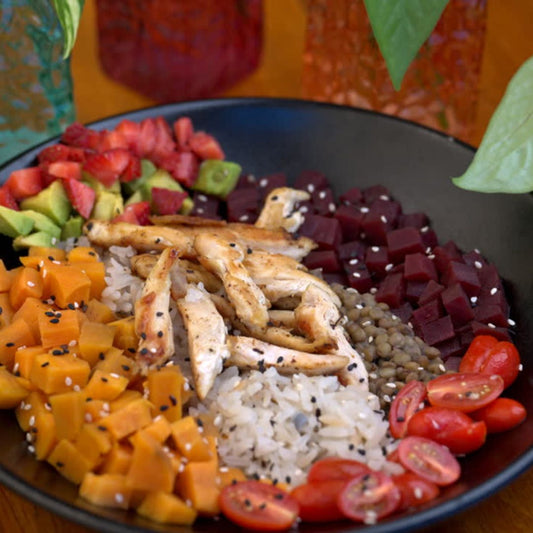 Blackberry Ginger Chicken Power Bowl with Persian Lime Drizzle