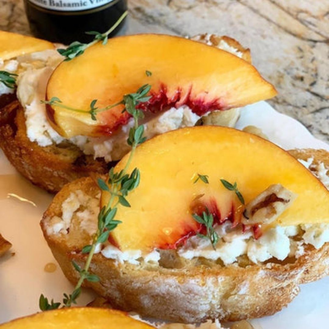 Thyme, Peach, Honey & Goat Cheese Crostini Appetizer! | The Little Shop of Olive Oils