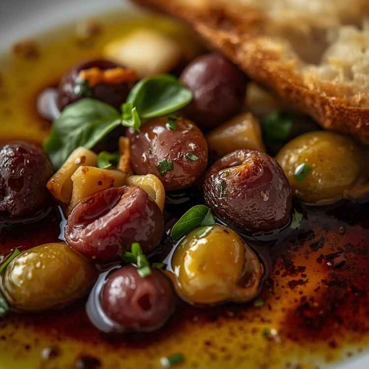 A rustic dish of warm marinated olive antipasto featuring a mix of green and black olives, sliced garlic, fresh rosemary, and a glistening coating of olive oil.