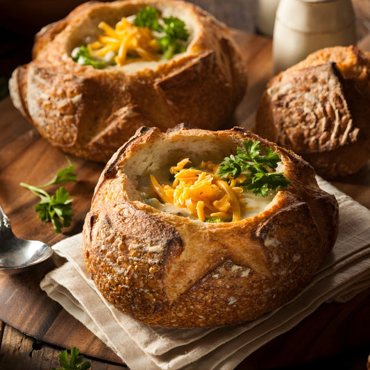 Creamy Broccoli Cheddar Soup in a Sourdough Bread Bowl