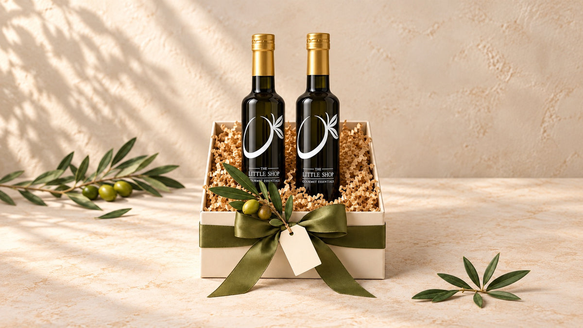 A gift box from The Little Shop of Olive Oils featuring two dark glass bottles of gourmet olive oil nestled in crinkle paper, tied with an olive green ribbon, an olive branch, and a gift tag.