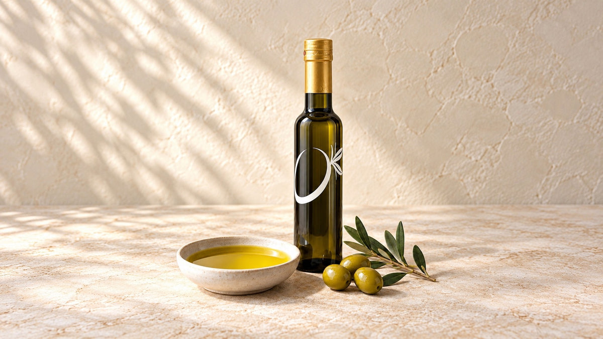 Premium extra virgin olive oil bottle with a small ceramic bowl of golden-yellow oil and fresh olives on a stone countertop at The Little Shop of Olive Oils