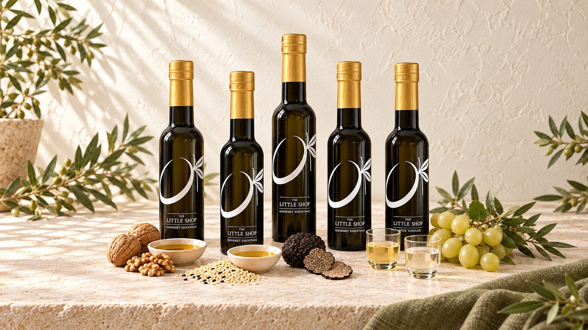 Collection of gourmet olive oils, specialty oils, and dark balsamic vinegars from The Little Shop of Olive Oils with walnuts, truffle, and fresh grapes.