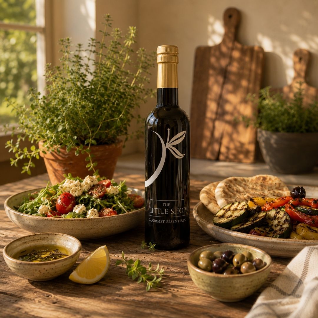 A bottle of gourmet olive oil from 'The Little Shop' stands on a rustic wooden table surrounded by fresh salads, grilled vegetables, pita bread, olives, and lemon wedges in a warm, sunlit kitchen setting.