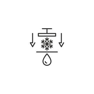 A minimalist black line icon depicting a cold pressed or faucet with a snowflake in the center, flanked by two downward arrows and a droplet below, on a solid white background.