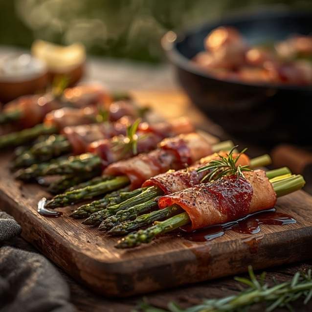 Asparagus spears wrapped in bacon on a wooden cutting board with a blurred background
