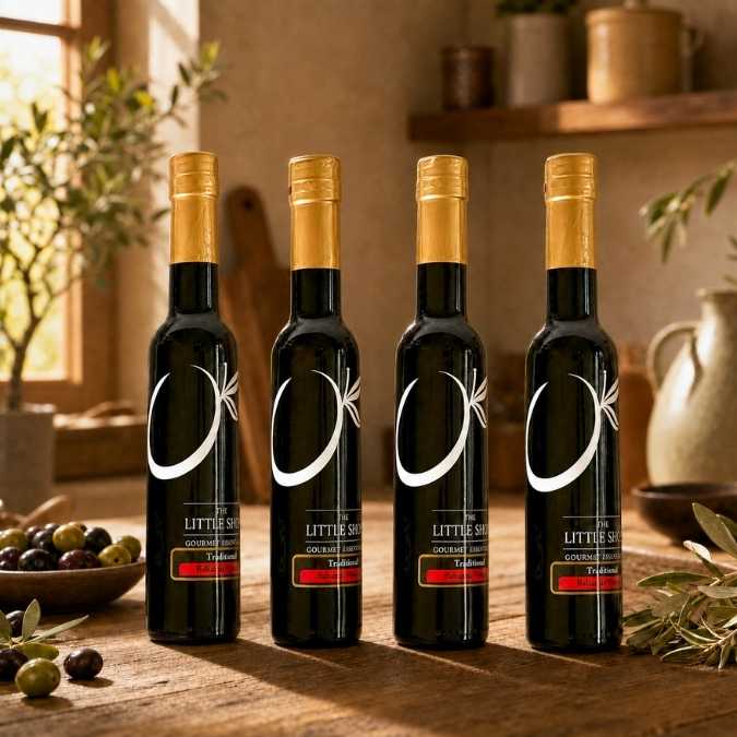 Four bottles of olive oil arranged on a wooden table in a warm, rustic kitchen setting. The bottles are dark glass with gold caps and feature a white crescent moon and star logo, with labels reading 'LITTLE SHOT GOLDEN OLIVE OIL'.