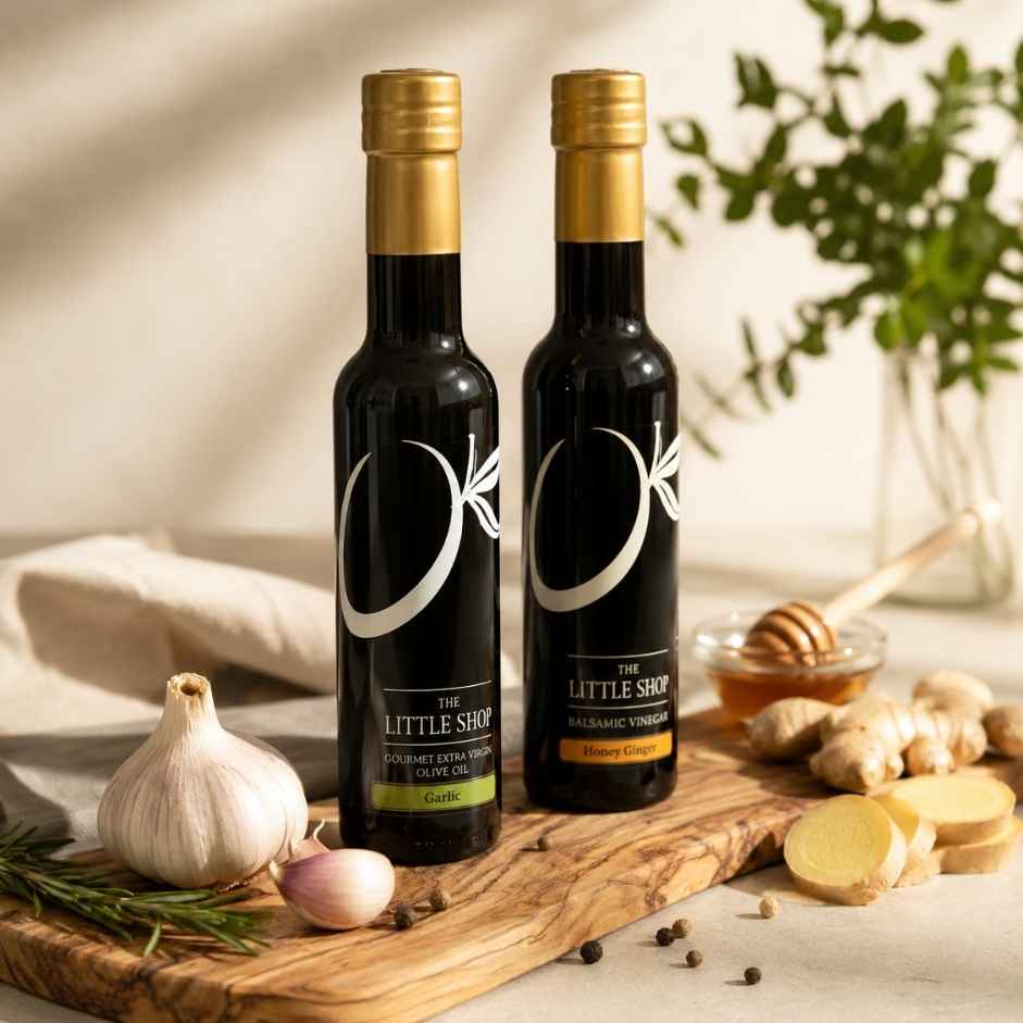 Two bottles of The Little Shop Balsamic Vinegar and Garlic Olive Oil standing on a wooden cutting board, surrounded by garlic, ginger, honey, and rosemary in a warm, styled kitchen setting.