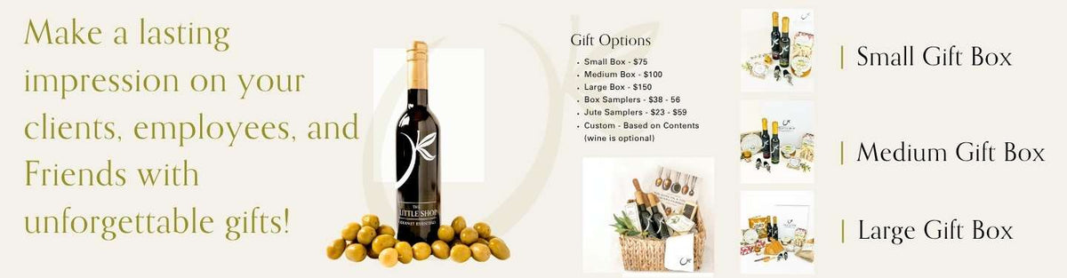 A promotional graphic for gift options featuring a dark glass bottle and photos of curated gift boxes. Text reads: 'Make a lasting impression on your clients, employees, and Friends with unforgettable gifts!' A list of Gift Options includes Small Box ($75), Medium Box ($100), Large Box ($150), Box Samplers ($38-$56), Jute Samplers ($23-$59), and Custom options based on contents, noting that wine is optional.