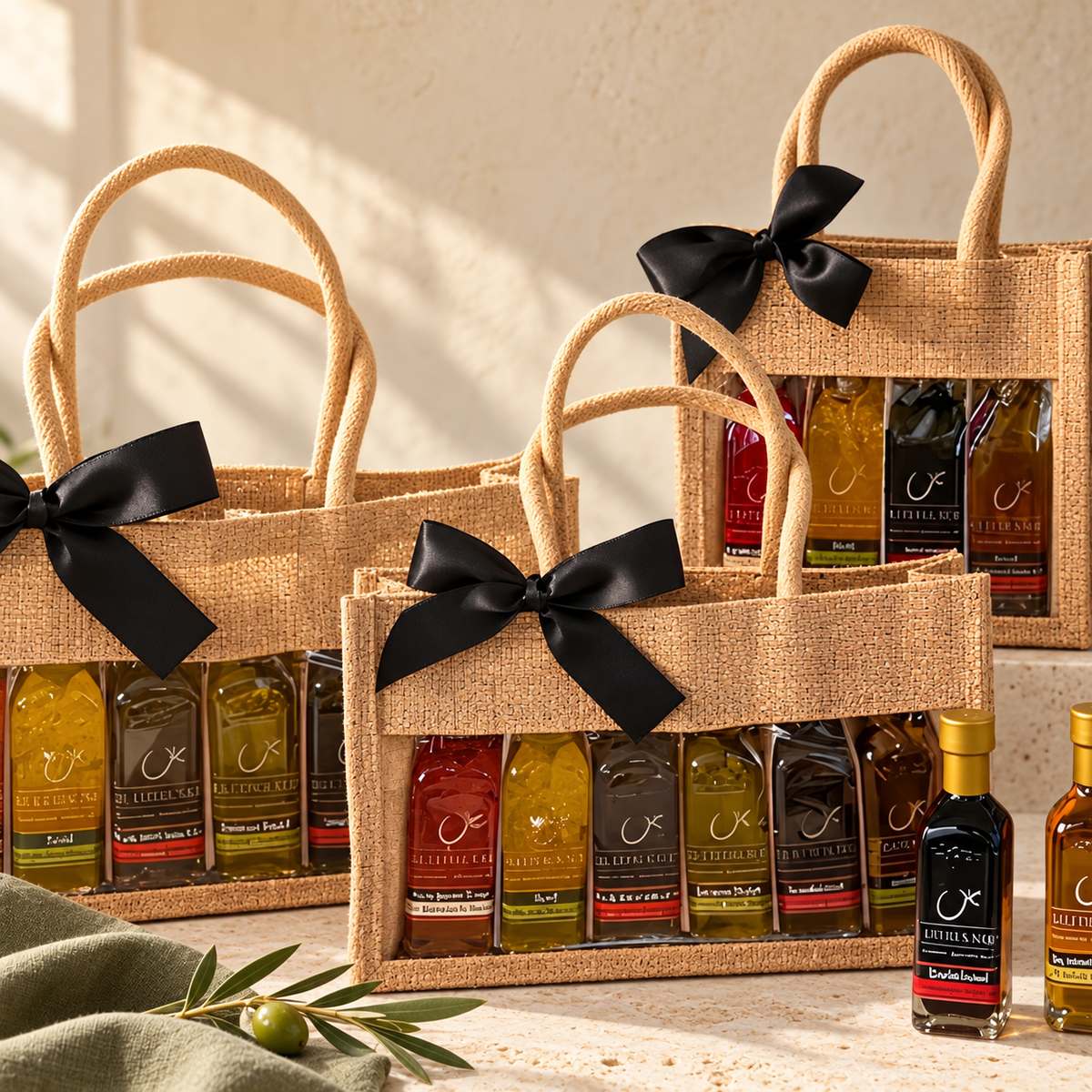 Woven jute gift bags and ready-to-give samplers filled with The Little Shop of Olive Oils gourmet olive oils and balsamic vinegars, accented with black satin ribbon bows.